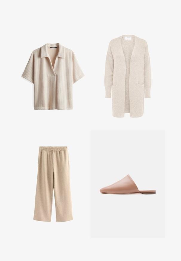 Lange beige open cardigan met lange mouwen en twee voorzakken, zachte gestructureerde gebreide stof.; Korte mouwen, geknoopte beige top met verticale ribbelstructuur en een losse pasvorm. Heeft een v-halsopening en zachte stof.; Beige wijde broek gemaakt van zachte stof, met een elastische tailleband met een trekkoord en een subtiele gespikkelde textuur.; Beige leren mule zonder achterkant met puntige neus en platte zool, zijaanzicht op een egale lichte achtergrond.