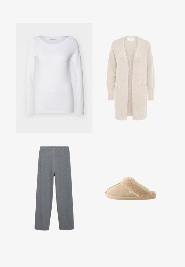 Lange beige open cardigan met lange mouwen en twee voorzakken, zachte gestructureerde gebreide stof.; Witte longsleeve top met een ronde hals. Gemaakt van zachte, gestructureerde stof. Heeft een relaxte pasvorm en naadloze manchetten.; Grijze, katoenen wijde broek met een elastische tailleband, met een gladde textuur en een eenvoudig, ongecompliceerd ontwerp.; Beige huispantoffel met een zachte nep-vachten bovenkant en een onderste gedeelte van suède. Bevat een gestructureerde buitenzool en details van zijstiksels. Merklelabel zichtbaar.