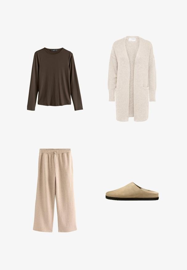 Long gilet beige ouvert sur l'avant, manches longues et deux poches avant, en maille douce texturée.; Chemise marron à manches longues en tissu lisse. Elle présente un col rond et un ourlet droit, sans motifs ni accents visibles.; Pantalon beige à jambes larges avec taille élastique et cordon, en tissu doux et moucheté.; Mule beige en daim, à enfiler, avec bout fermé et semelle plate en caoutchouc noir.