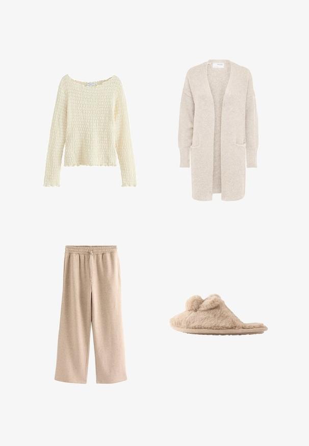 Long gilet beige ouvert sur l'avant, manches longues et deux poches avant, en maille douce texturée.; Pull créme texturé à manches longues et à encolure large. Présente un motif tricoté et un ourlet festonné. Fabriqué en matériau doux.; Pantalon beige à jambes larges avec taille élastique et cordon, en tissu doux et moucheté.; Chausson beige duveteux à enfiler avec deux pompons sur le dessus et une semelle plate, conçu pour une utilisation intérieure.