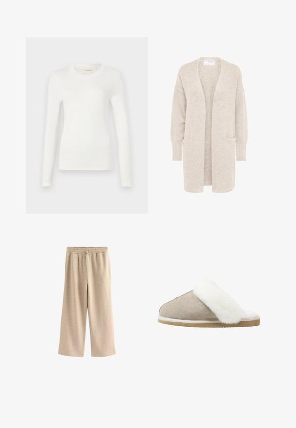 Cardigan largo beige con abertura frontal, mangas largas y dos bolsillos delanteros, tejido de punto suave y texturizado.; Camiseta blanca de manga larga hecha de tela suave, con un cuello redondo y una silueta ajustada. Diseño minimalista sin patrones ni acentos.; Pantalones de pierna ancha color crema, hechos de una suave mezcla de algodón. Presentan una cintura elástica con cordón y una sutil textura moteada.; Zapatilla de ante tipo slip-on en beige claro con una banda de piel de peluche blanca en la parte superior, que cuenta con una suela texturizada para mayor agarre y comodidad.