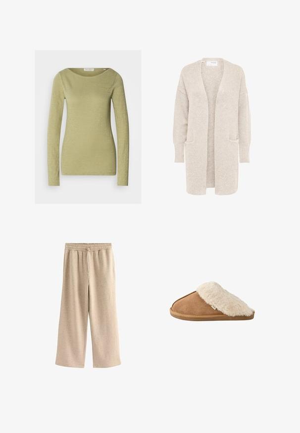 Lange beige open cardigan met lange mouwen en twee voorzakken, zachte gestructureerde gebreide stof.; Langemouwige top in licht olijfgroen, gemaakt van een zachte, gestructureerde stof. Heeft een brede halslijn en een aansluitende silhouet.; Beige wijde broek gemaakt van zachte stof, met een elastische tailleband met een trekkoord en een subtiele gespikkelde textuur.; Bruine instapslipper met zachte beige nep bont voering en zool, zijkant gezien op witte achtergrond.