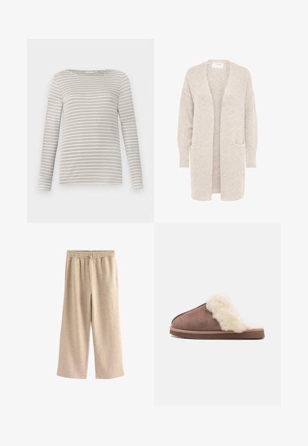 Lange beige open cardigan met lange mouwen en twee voorzakken, zachte gestructureerde gebreide stof.; TOM TAILOR STRIPED BOAT NECK - Longsleeve - taupe/offwhite; Beige wijde broek gemaakt van zachte stof, met een elastische tailleband met een trekkoord en een subtiele gespikkelde textuur.; Bruine suede pantoffel met een fluffy crème nepbont voering, open achterkant ontwerp en een platte rubberen zool, die een zachte textuur en een gezellige uitstraling toont.