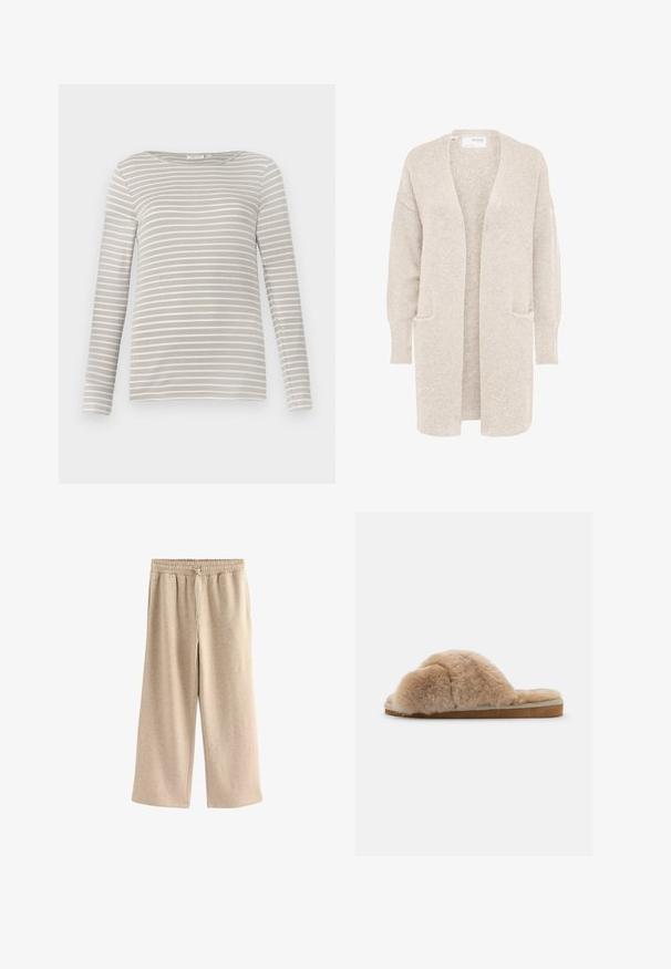 Lang beige åben cardigan med lange ærmer og to forlommer, blødt tekstureret strikstof.; TOM TAILOR STRIPED BOAT NECK - Langærmet T-shirt - taupe/offwhite; Cremefarvede breddebenede bukser lavet af blødt bomuldsblandingsstof. Har en elastisk talje med snor og en subtil plettet tekstur.; Fuzzy beige hjemmesko med blød tekstur, åben bag og indvendig foring. Flad sål med en lysebrun bund og beige syning.