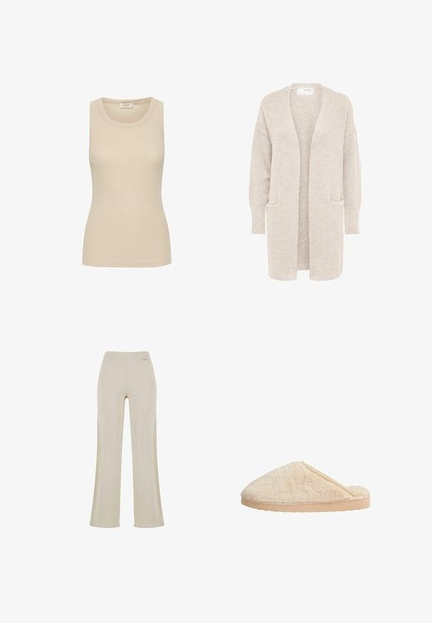 Lang beige åben cardigan med lange ærmer og to forlommer, blødt tekstureret strikstof.; Beige tanktop lavet af ribbet stof med rund halsudskæring og uden ærmer. Glat tekstur og skræddersyet pasform.; Beige vide bukser med en glat ribbet tekstur, elastisk talje og ingen synlige dekorationer, hvilket giver en afslappet silhuet.; Beige pelslippers med en rund form, tekstureret overflade og en flad, lys farvet gummisål. Har en delikat blondeaccent langs kanten.