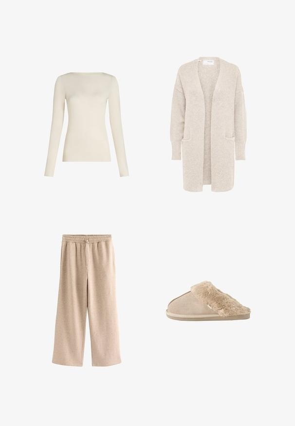 Long gilet beige ouvert sur l'avant, manches longues et deux poches avant, en maille douce texturée.; Haut à manches longues en blanc cassé, fabriqué en tissu doux, avec un col rond et une silhouette ajustée. Texture lisse sans motifs ni accents.; Pantalon beige à jambes larges avec taille élastique et cordon, en tissu doux et moucheté.; Chausson beige à enfiler avec extérieur en daim doux et doublure intérieure moelleuse et duveteuse ainsi qu'un revers, conçu pour le confort à l'intérieur.