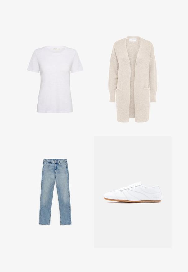 Cardigan largo beige con abertura frontal, mangas largas y dos bolsillos delanteros, tejido de punto suave y texturizado.; Camiseta blanca de manga corta hecha de un tejido suave y ligero. Presenta un escote redondeado y una textura suave con un ligero brillo.; Jeans de denim azul claro de pierna recta con botón delantero, cremallera, presillas para cinturón y diseño de cinco bolsillos sobre fondo blanco.; Zapatilla blanca de corte bajo con diseño de cordones, parte superior de cuero liso, paneles cosidos sutiles y suela de goma marrón clara.