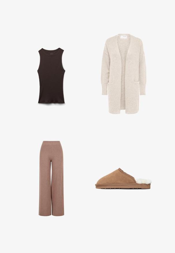 Lange beige open cardigan met lange mouwen en twee voorzakken, zachte gestructureerde gebreide stof.; Zwart geribd mouwloos hemdje met een ronde halslijn, plat liggend weergegeven op een witte achtergrond.; Bruine, wijde gebreide broeken van textuurstof, met een elastische tailleband en een losse pasvorm voor comfort.; Bruine suedine slippers met een zachte witte bontvoering, ronde neus, textuur bovenkant en een platte rubberen zool met een zigzagpatroon.