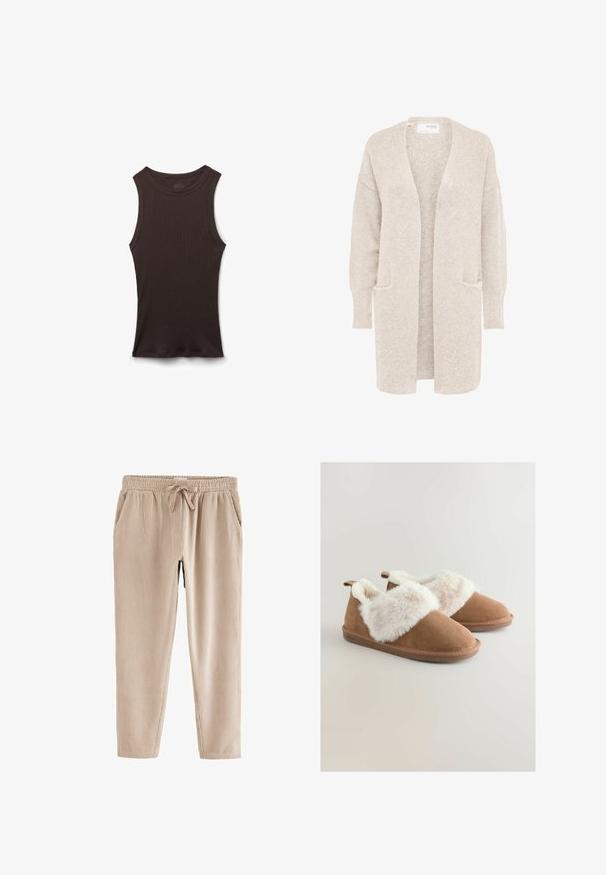 Lange beige open cardigan met lange mouwen en twee voorzakken, zachte gestructureerde gebreide stof.; Zwart geribd mouwloos hemdje met een ronde halslijn, plat liggend weergegeven op een witte achtergrond.; Beige corduroy broek met een losse pasvorm, voorzien van een elastische tailleband, een trekkoord en zijzakken. Ribbelige textuur zichtbaar over het hele oppervlak.; Bruine suède pantoffels met dikke crème-kleurige nepbontafwerking en rubberen zolen, ontworpen voor comfort en warmte binnenshuis.