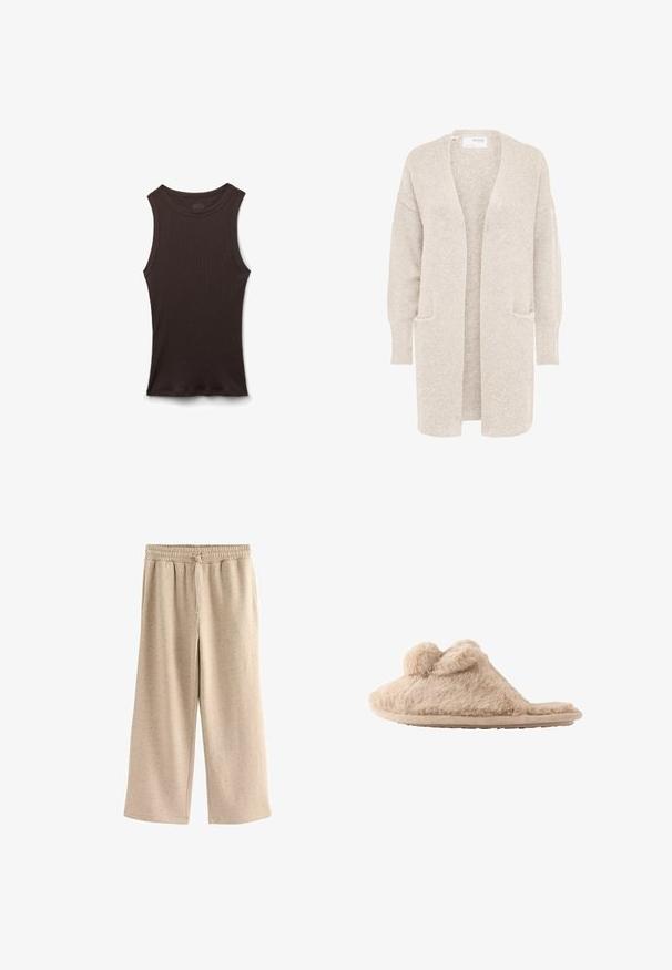 Langer beiger Cardigan mit offenem Vorderteil, langen Ärmeln und zwei Fronttaschen, weicher strukturierter Strickstoff.; Ärmelloses, schwarzes, geripptes Tanktop mit rundem Halsausschnitt, flach auf weißem Hintergrund präsentiert.; Beige weite Hosen aus weichem Stoff, mit einem elastischen Bund und Kordelzug, sowie einer subtilen gesprenkelten Textur.; Beige flauschiger Hausschuh zum Hineinschlüpfen mit zwei Pompons oben und einer flachen Sohle, für den Innenbereich konzipiert.