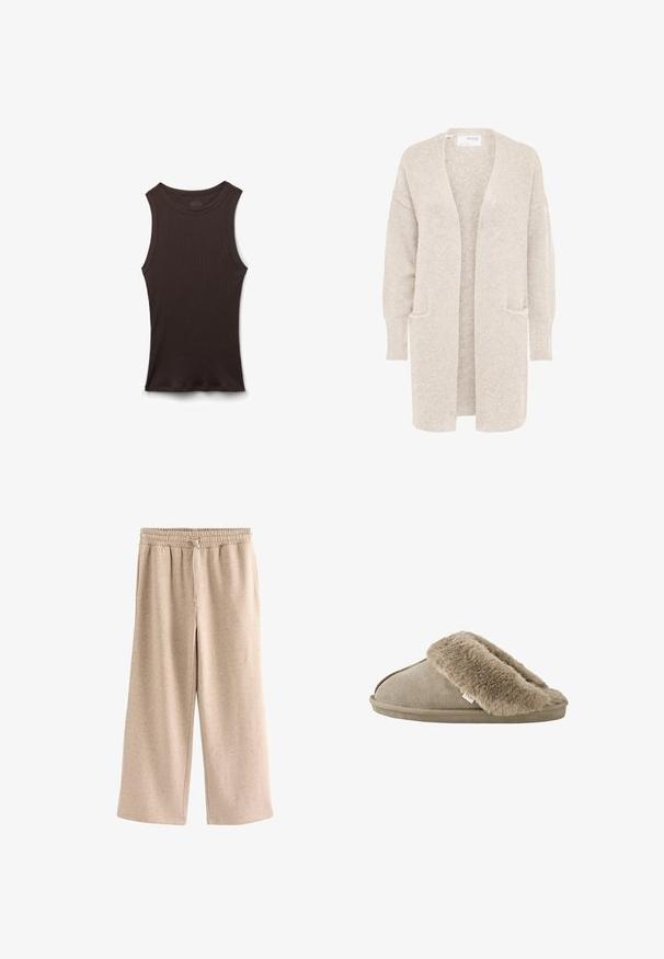 Langer beiger Cardigan mit offenem Vorderteil, langen Ärmeln und zwei Fronttaschen, weicher strukturierter Strickstoff.; Ärmelloses, schwarzes, geripptes Tanktop mit rundem Halsausschnitt, flach auf weißem Hintergrund präsentiert.; Beige Hose mit weitem Bein, elastischem Bund und Kordelzug, aus einem weichen, gesprenkelten Stoff.; Beiger Hausschuh zum Hineinschlüpfen mit weichem, plüschigem Fellbesatz rund um die Öffnung und einer aussenseitig velourslederähnlichen Sohle.