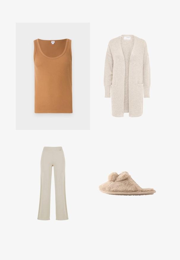 Long gilet beige ouvert sur l'avant, manches longues et deux poches avant, en maille douce texturée.; Débardeur marron à côtes avec une encolure dégagée, présentant une texture douce et sans logos ni motifs visibles. Design épuré et simple.; Pantalons larges beige avec une texture en ribbed lisse, taille élastique et sans ornements visibles, offrant une silhouette décontractée.; Chausson beige duveteux à enfiler avec deux pompons sur le dessus et une semelle plate, conçu pour une utilisation intérieure.