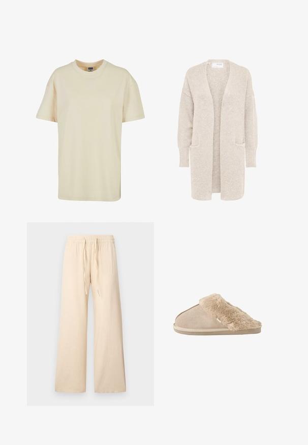 Long gilet beige ouvert sur l'avant, manches longues et deux poches avant, en maille douce texturée.; T-shirt à col rond de couleur crème en coton doux. Il présente des manches courtes et une coupe décontractée, sans motifs ni accents visibles.; Pantalon beige à jambes larges en tissu doux, avec une taille élastique et un cordon de serrage, sans motifs ni accents visibles.; Chausson beige à enfiler avec extérieur en daim doux et doublure intérieure moelleuse et duveteuse ainsi qu'un revers, conçu pour le confort à l'intérieur.