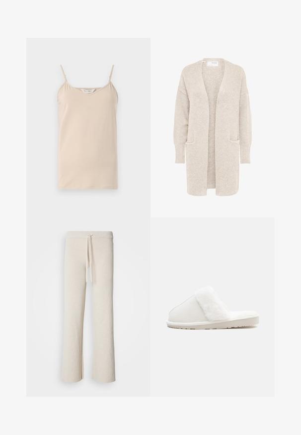 Lang beige åben cardigan med lange ærmer og to forlommer, blødt tekstureret strikstof.; Beige camisole-top med tynde spaghetti-stropper og en V-halsudskæring, lavet af blødt stof med en glat tekstur og en lige kant.; Beige brede bukser lavet af blødt stof, med en elastisk talje og snøre samt sideslidser i kanten.; Hvid tøffel med en blød imitation pels-strop, filt overdel, polstret sål og en struktureret gummibund for godt greb. Enkel, afrundet design.