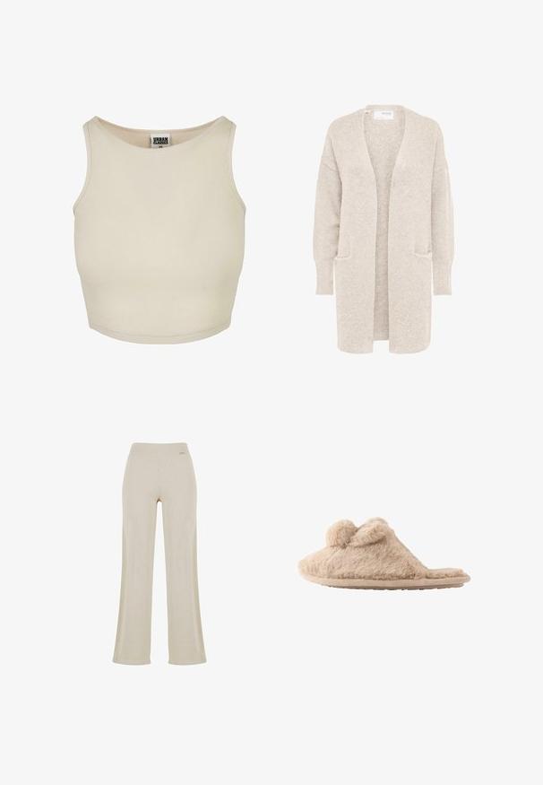 Lang beige åben cardigan med lange ærmer og to forlommer, blødt tekstureret strikstof.; Beige ribbet crop top med rund halsudskæring og ærmeløs design. Har en ensfarvet tekstur og en diskret mærkeetiket inde i halsen.; Beige vide bukser med en glat ribbet tekstur, elastisk talje og ingen synlige dekorationer, hvilket giver en afslappet silhuet.; Beige, fløjlsblød hjemmesko med to pomponer på toppen og en flad sål, designet til indendørs brug.