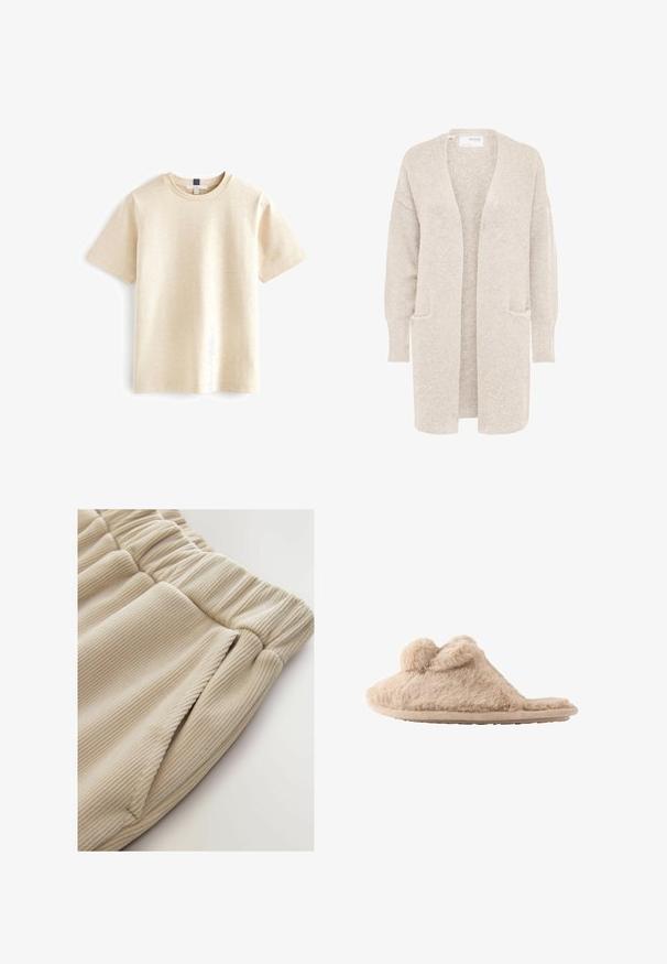 Langer beiger Cardigan mit offenem Vorderteil, langen Ärmeln und zwei Fronttaschen, weicher strukturierter Strickstoff.; Beige T-Shirt mit kurzen Ärmeln aus weicher Baumwolle, mit einem runden Ausschnitt und einem entspannten Schnitt mit subtiler Textur.; Beige Rippenstoffshorts mit einem elastischen Bund und seitlichen Taschen, die eine weiche Textur und ein lockeres Design aufweisen.; Beige flauschiger Hausschuh zum Hineinschlüpfen mit zwei Pompons oben und einer flachen Sohle, für den Innenbereich konzipiert.