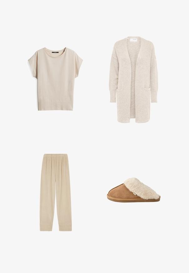 Lange beige open cardigan met lange mouwen en twee voorzakken, zachte gestructureerde gebreide stof.; Korte mouwen beige top gemaakt van zachte, gestructureerde stof. Heeft een ronde halslijn en een ribbelsrand, met een ontspannen pasvorm.; Beige ribfluwelen broek met elastische tailleband en wijde pijpen, plat uitgestald op een witte achtergrond.; Bruine instapslipper met zachte beige nep bont voering en zool, zijkant gezien op witte achtergrond.