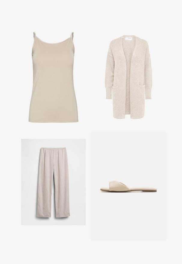 Lang beige åben cardigan med lange ærmer og to forlommer, blødt tekstureret strikstof.; Beige tanktop lavet af glat stof, med tynde stropper og et enkelt, fitted design med en ren udskæring og uden mønstre.; Lysebeige løstsiddende bukser med elastisk taljebånd, lige ben og ingen synlige lommer, vist fladt mod en hvid baggrund.; Flade sandaler i blødt beige materiale, med åben tå design, glat struktur og minimalistisk form med en lysbrun sål.