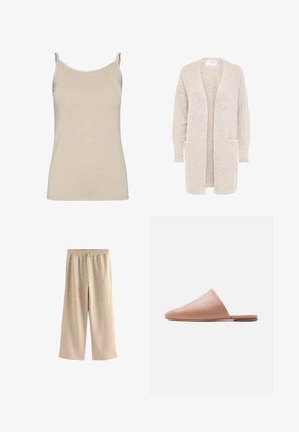 Long gilet beige ouvert sur l'avant, manches longues et deux poches avant, en maille douce texturée.; Débardeur beige en tissu lisse, avec des fines bretelles et un design simple et ajusté, offrant un décolleté épuré sans motifs.; Pantalons larges de couleur crème en tissu doux en mélange de coton. Ils présentent une taille élastique avec cordon de serrage et une texture subtilement mouchetée.; Mule en cuir beige, sans talon, à bout pointu et semelle plate, présenté en profil latéral sur un fond clair uni.