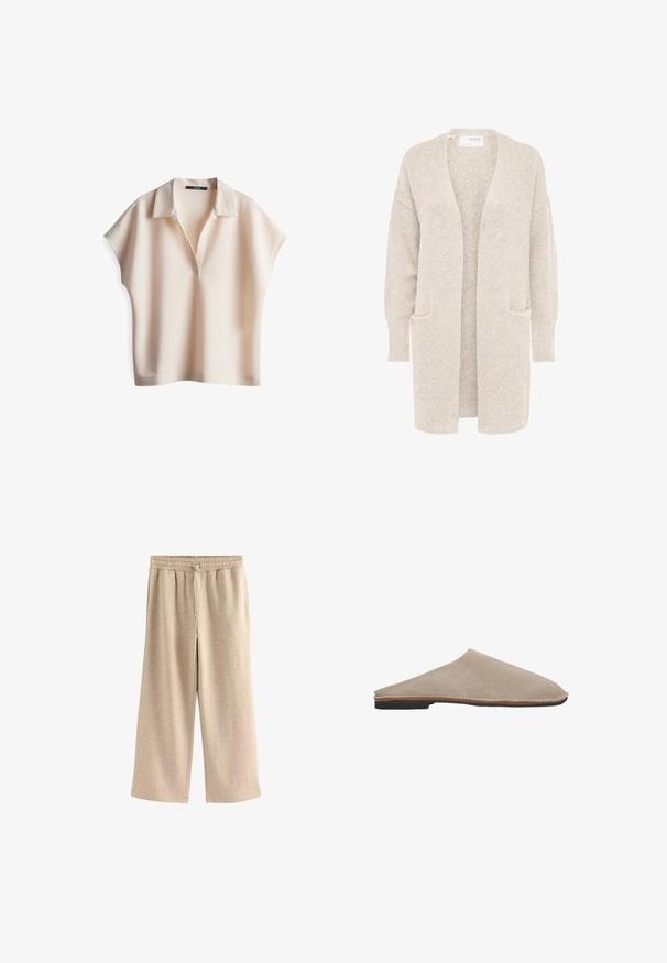 Langer beiger Cardigan mit offenem Vorderteil, langen Ärmeln und zwei Fronttaschen, weicher strukturierter Strickstoff.; Helles, kurzärmliges Strickpolo-Shirt in Creme mit spitzem Kragen und tiefem V-Ausschnitt. Glatte Textur und entspannter Schnitt, keine sichtbaren Beschläge.; Cremefarbene Schlaghosen aus einem weichen Baumwollmix. Sie verfügen über einen elastischen Bund mit Kordelzug und einer dezenten gesprenkelten Textur.; Beige Wildleder-Slipper mit glatter Textur, abgerundetem Zeh und einer dünnen braunen Lederzwischensohle. Flache schwarze Gummisohle.