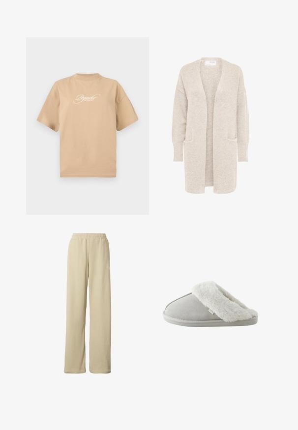 Lange beige open cardigan met lange mouwen en twee voorzakken, zachte gestructureerde gebreide stof.; Beige katoenen t-shirt met korte mouwen, ronde halslijn en witte cursieve tekst op de voorkant met de tekst "Pegador Dreams Come True."; Beige geribbelde wijde broek met elastische tailleband en subtiel klein wit logo op de bovenkant van de dij.; Lichtgrijze instappantoffel met zachte witte nepbonten voering en zool met label "NEXT,", gezien vanaf de zijkant tegen een witte achtergrond.