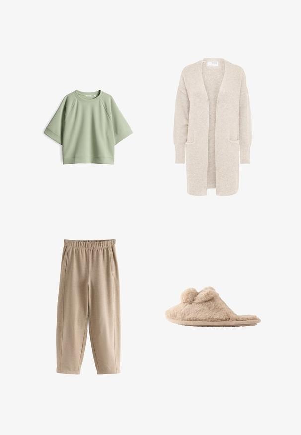 Langer beiger Cardigan mit offenem Vorderteil, langen Ärmeln und zwei Fronttaschen, weicher strukturierter Strickstoff.; Hellgrünes, oversized Sweatshirt mit Rundhalsausschnitt, Raglanärmeln und weicher Textur. Verfügt über einen gerippten Halsausschnitt und Saum.; Next REGULAR FIT - SOFT BRUSHED FINISH BARREL LEG - Jogginghose - mocha brown; Beige flauschiger Hausschuh zum Hineinschlüpfen mit zwei Pompons oben und einer flachen Sohle, für den Innenbereich konzipiert.