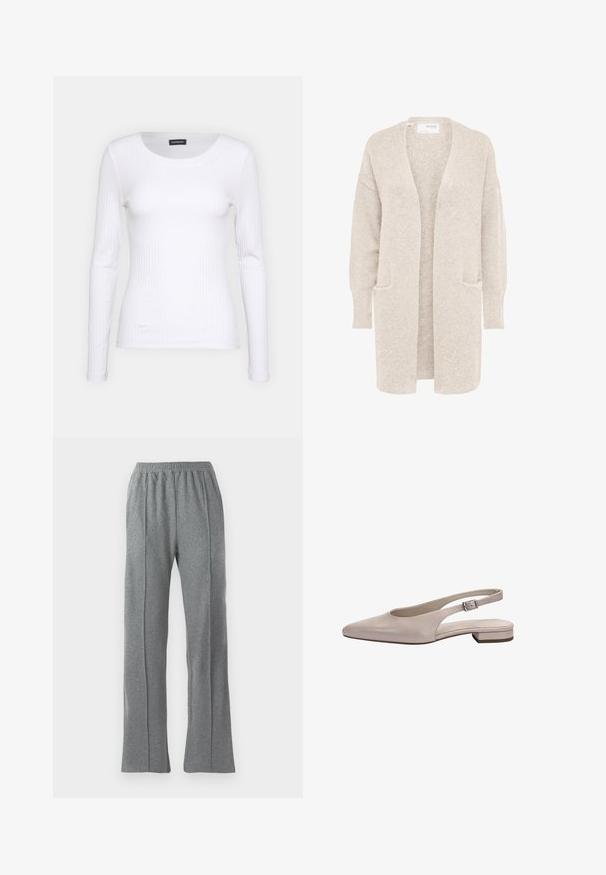 Long gilet beige ouvert sur l'avant, manches longues et deux poches avant, en maille douce texturée.; T-shirt à manches longues blanc côtelé avec un col rond. Fabriqué en un tissu extensible qui épouse le corps. Présente de fines lignes horizontales.; Pantalons de survêtement gris avec une taille élastique, présentant une coupe droite et des détails de couture latérale subtils. Fabriqué à partir d'un tissu doux et texturé.; Chaussure plate beige en cuir à bride arrière, bout pointu, bride réglable avec boucle argentée, et petit talon bloc.