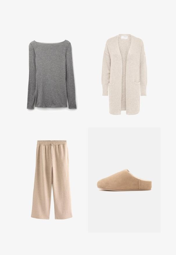 Lange beige open cardigan met lange mouwen en twee voorzakken, zachte gestructureerde gebreide stof.; Grijze nauwsluitende top met lange mouwen en een brede boothals, gemaakt van zachte, lichte gebreide stof.; Beige broek met wijde pijpen, een elastische tailleband en een koordje, gemaakt van een zachte, gevlekte stof.; Beige suède instapslof met zachte voering en platte zool, gesloten neus, open achterkant en subtiel "UGG" logo aan de zijkant.