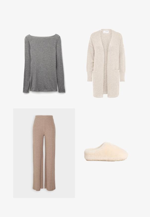 Lange beige open cardigan met lange mouwen en twee voorzakken, zachte gestructureerde gebreide stof.; Grijze nauwsluitende top met lange mouwen en een brede boothals, gemaakt van zachte, lichte gebreide stof.; Beige geribbelde wijde broek met een hoge tailleband en zachte textuur, met een losse pasvorm en zonder zichtbare sluitingen.; Beige, zachte, fuzzy slippers met een vlakke, stevige zool en een ronde neus, met een naadloos ontwerp en een luxe textuur.