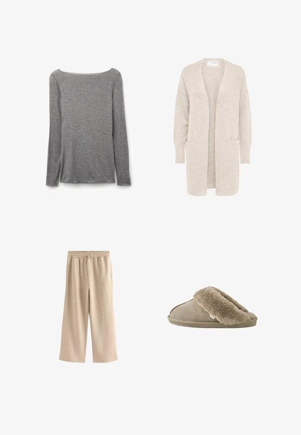 Lange beige open cardigan met lange mouwen en twee voorzakken, zachte gestructureerde gebreide stof.; Grijze nauwsluitende top met lange mouwen en een brede boothals, gemaakt van zachte, lichte gebreide stof.; Crème-kleurige wijde broek gemaakt van een zachte katoenmix. Heeft een elastische tailleband met trekkoord en een subtiele gespikkelde textuur.; Beige instapslof met zachte, pluche bontvoering rond de opening en een suède-achtige buitenzool.