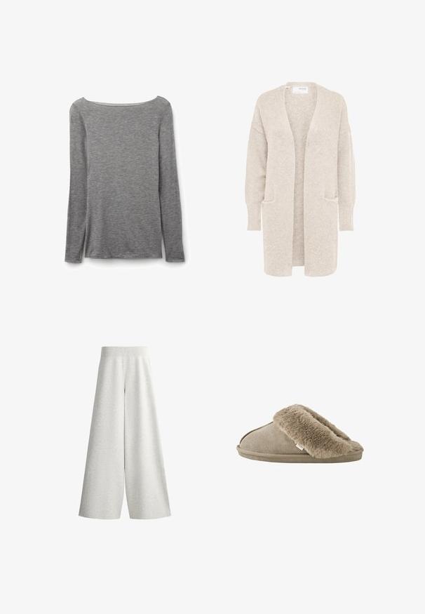 Lange beige open cardigan met lange mouwen en twee voorzakken, zachte gestructureerde gebreide stof.; Grijze nauwsluitende top met lange mouwen en een brede boothals, gemaakt van zachte, lichte gebreide stof.; Lichtgrijze gebreide broek met wijde pijpen, een geribde elastische tailleband en details op de zijpanelen, getoond op een witte achtergrond.; Beige instapslof met zachte, pluche bontvoering rond de opening en een suède-achtige buitenzool.