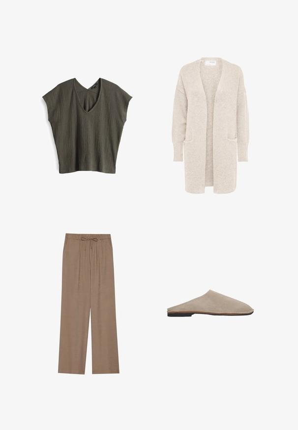 Lange beige open cardigan met lange mouwen en twee voorzakken, zachte gestructureerde gebreide stof.; Olijfgroene, kortmouwtop met een textuur, gekreukt ontwerp en een V-hals. Lichte stof met een losse, relaxte pasvorm.; Brede broek in een lichtbruin, gemaakt van een zachte stof. Heeft een elastische tailleband met een trekkoord en geen zichtbare zakken.; Beige suède instappers met een gladde textuur, ronde neus en een dunne bruine leren middenzool. Vlakke zwarte rubberen zool.