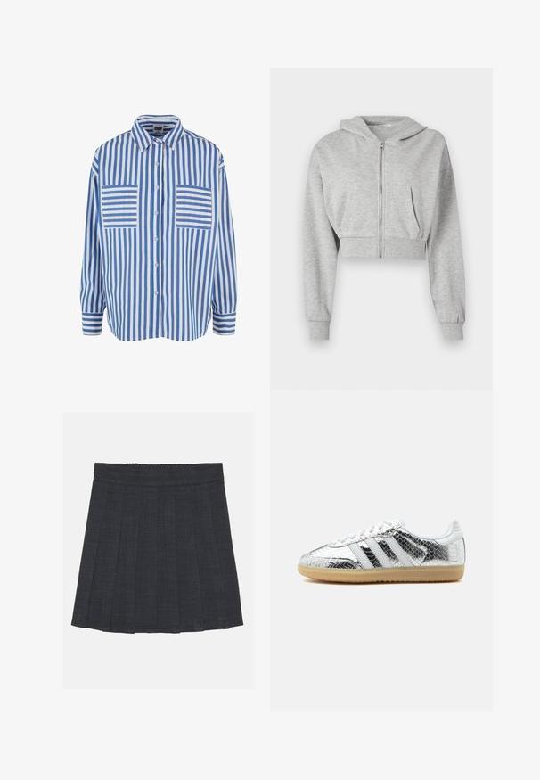 Grå cropped hoodie lavet af blødt stof, med lynlås foran, lange ærmer og to forlommer. Glat tekstur, justerbar hætte.; Blå- og hvidstribet skjorte med knapfront, lange ærmer og to brystlommer med vandrette striber. Produceret i bomuldsstof med afslappet pasform.; Mørkegrå plisseret nederdel med elastisk talje, der har et struktureret stof og en klassisk A-formet silhuet. Velegnet til hverdag.; Lav top sneaker med sølvmetalisk slangeskind tekstur, hvide striber, hvide snørebånd og lys gummisål på hvid baggrund.