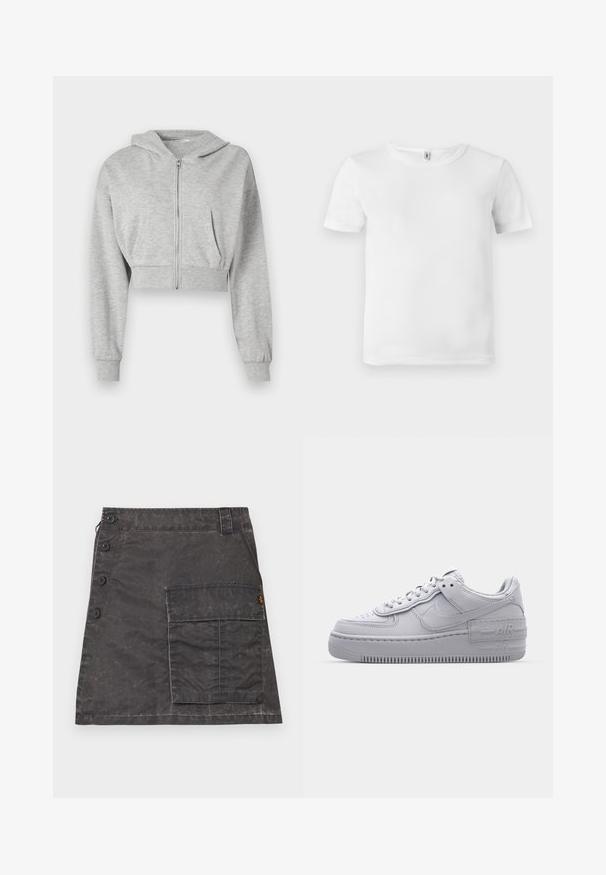 Sudadera gris corta hecha de tela suave, con cremallera frontal, mangas largas y dos bolsillos frontales. Textura suave, capucha ajustable.; Camiseta blanca de manga corta con textura acanalada. Cuello redondo clásico, sin logotipos ni patrones visibles, y un diseño simple y limpio.; Falda gris hecha de tela texturizada con cierre de botones en la parte delantera y un bolsillo lateral. Presenta un sutil aspecto desgastado y detalles cosidos.; Zapatilla Nike Air Force 1 gris con puntera perforada, parte superior de cuero suave, suela gruesa y detalle en relieve 'AIR' en el talón.