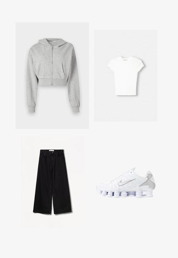 Haut de survêtement gris court en tissu doux, avec une fermeture éclair à l'avant, des manches longues et deux poches avant. Texture lisse, capuche ajustable.; T-shirt blanc à manches courtes en coton doux, avec un col rond et une coupe ajustée. Pas de motifs ni d'ornements visibles.; Jean large noir en denim. Doté d'une taille haute, de poches avant et arrière, et d'un matériel argenté sur le bouton et la fermeture éclair.; Baskets de sport blanches avec tige en mesh, accents argentés et un design de semelle en spirale unique. Comprend un collier rembourré et un système de laçage pour un ajustement parfait.