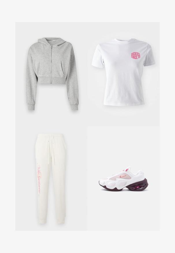 Grå cropped hoodie lavet af blødt stof, med lynlås foran, lange ærmer og to forlommer. Glat tekstur, justerbar hætte.; Hvid bomulds T-shirt med korte ærmer, der har en pink grafik på venstre bryst, som står "DICKIES SINCE '22." Klassisk crew neck design.; Hvide sweatpants med en tætsiddende design, prydet med et pink "Nike Sportswear" logo på det venstre ben og elastisk talje med snore.; Hvid og lyserød atletiksneaker med meshpaneler, en lyserød Nike-swoosh og en tyk, mørkelilla sål med synlig luftpolstring.
