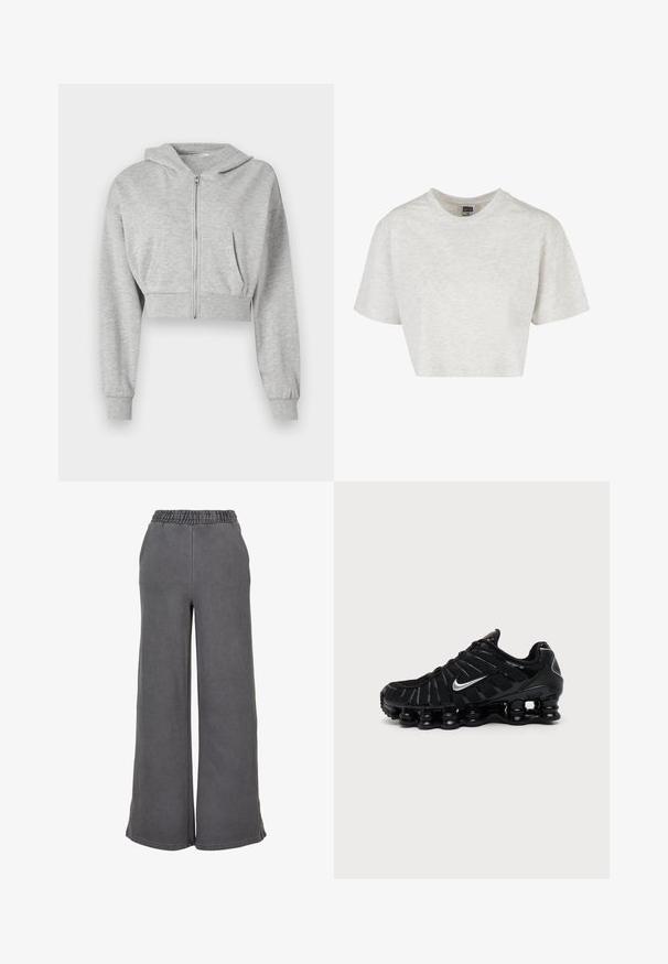 Grå cropped hoodie lavet af blødt stof, med lynlås foran, lange ærmer og to forlommer. Glat tekstur, justerbar hætte.; Kraftigt kortærmet T-shirt i lysegrå stof, med rund halsudskæring og en afslappet pasform. Etikette synlig indeni halsområdet.; Breddebenede grå sweats lavet af blødt stof, med elastisk talje for komfort. Glat tekstur uden synlige mønstre eller detaljer.; Sort Nike sportssko med sølv Swoosh-logo, mesh og syntetisk overdel, og en karakteristisk segmenteret polstret sål.
