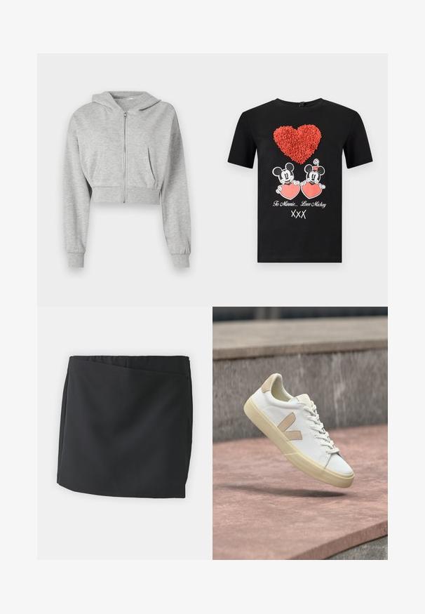Haut de survêtement gris court en tissu doux, avec une fermeture éclair à l'avant, des manches longues et deux poches avant. Texture lisse, capuche ajustable.; ONLY ONLMICKEY VALENTINE - T-shirt imprimé - black; Mini-jupe noire avec une texture de tissu lisse, présentant un design enveloppant et un ourlet droit. Pas de matériel visible ni de motifs.; Baskets blanches avec accents beiges, présentant une tige lisse, un bout arrondi et une semelle en caoutchouc texturée. Lacets et logo assortis en beige.
