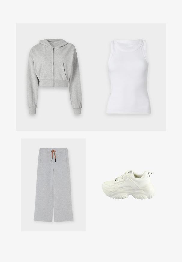 Haut de survêtement gris court en tissu doux, avec une fermeture éclair à l'avant, des manches longues et deux poches avant. Texture lisse, capuche ajustable.; Débardeur blanc à côtes avec un col rond et sans manches. Le matériau semble lisse avec une silhouette ajustée. Pas de motifs ni d'accents visibles.; Pantalon de jogging large gris clair avec cordon marron et poches latérales, posé à plat sur un fond blanc.; Baskets blanches avec un design chunky, une tige en synthétique lisse, un col rembourré et une semelle en caoutchouc texturé avec un motif en losange.