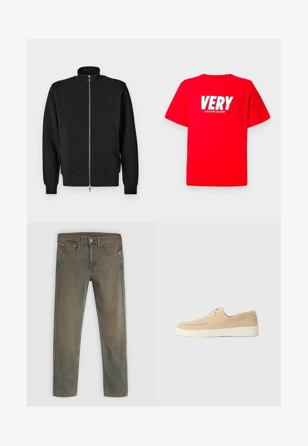 Schwarzer Zip-Up-Pullover mit hohem Kragen, gerippten Bündchen und seitlichen Taschen. Weicher Stoff mit einem dezenten, geprägten Logo auf der Brust.; Rotes T-Shirt mit kurzen Ärmeln, auf der Brust in großen weißen Buchstaben "VERY" und darunter in kleineren weißen Buchstaben "CALVIN KLEIN".; Dunkelgrüne Denim-Jeans mit geradem Beinanschnitt, fünf Taschen und Kupferhardware-Akzenten. Die verblasste Textur verleiht ein abgenutztes Aussehen.; Beige Wildlederschuhe mit Schnürung und einer weißen Gummisohle. Sie verfügen über ein gesticktes Design und einen niedrigen Schnitt, was einen einfachen, minimalistischen Stil ergibt.