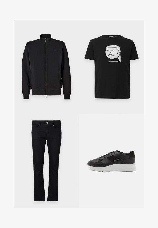 Sort zip-up sweatshirt med høj krave, ribbede manchetter og sidelommer. Blødt stof med et subtilt prægede logo på brystet.; Sort bomulds t-shirt med en hvid grafik af en stiliseret karakter iført store solbriller, med teksten "KARL LAGERFELD" under billedet.; Sorte denim jeans med slim fit, lige ben design, fem-lomme stil og metal knap lukning, med minimale syninger.; Sort læder sneaker med ruskindsdetaljer, rund tå, hvid gummisål og syet udsmykning. Logo trykt på siden. Klassisk snørebåndsdesign.