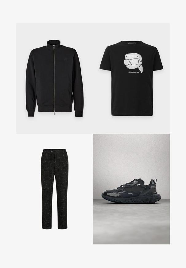 Zwarte rits-trui met een hoge kraag, geribde manchetten en zijzakken. Zachte stof met een subtiele reliëf logo op de borst.; Zwarte katoenen t-shirt met een witte grafiek van een gestileerd personage met grote zonnebrillen, met de tekst "KARL LAGERFELD" onder de afbeelding.; Zwarte op maat gemaakte broek met een gestructureerd patroon van dunne verticale witte lijnen, een rechte snit en een knoopsluiting in de taille.; Zwarte hardloopschoen met een gestructureerd bovenwerk, gladde accenten en een dikke zool met een golvend profiel, ontworpen voor comfort en duurzaamheid.