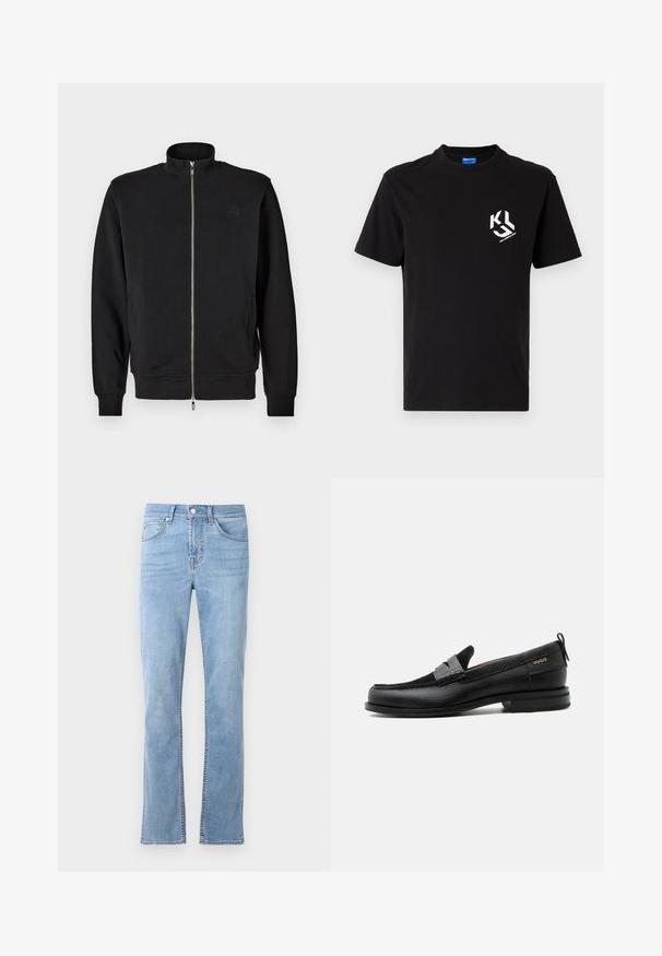 Schwarzer Zip-Up-Pullover mit hohem Kragen, gerippten Bündchen und seitlichen Taschen. Weicher Stoff mit einem dezenten, geprägten Logo auf der Brust.; Schwarzes Baumwoll-T-Shirt mit einem weißen Grafikdesign auf der linken Brustseite. Rundhalsausschnitt, kurze Ärmel und klassischer Schnitt.; Helle blaue, gerade geschnittene Jeans aus Baumwoll-Denim. Verfügt über fünf Taschen, einen frontalen Knopfverschluss und dezente Steppdetails.; Schwarzer Lederloafer mit grauem Riemendetail, niedrigem Absatz und strukturierter Sohle, seitlich mit „HUGO“ in Gold gebrandmarkt.