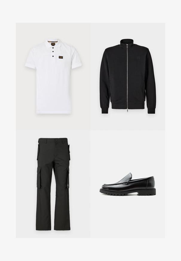 Sort zip-up sweatshirt med høj krave, ribbede manchetter og sidelommer. Blødt stof med et subtilt prægede logo på brystet.; Hvid polo-shirt lavet af tekstureret bomuld, med en tre-knap lukning, korte ærmer og et sort logo-patch på brystet.; Sorte cargobukser med lige ben-design, der har flere sidelommer og en knappelukning. Fremstillet af slidstærkt stof med en glat tekstur.; Sort læderloafer med chunky gummisål, syet overdel og præget mærkenavn på hælen, vist i sideprofil på hvid baggrund.
