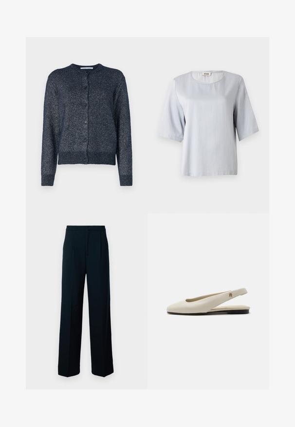 Cardigan bleu marine avec un col rond, des manches longues, une fermeture à boutons et un tissu doux et texturé avec une légère brillance.; Haut gris clair à manches courtes avec un col rond, en tissu doux. Design simple avec une coupe ample, présentant des bords nets et sans ornements.; Pantalons larges noirs en tissu lisse, avec une taille haute, des plis avant et un design épuré et minimal.; Chaussure plate slingback en cuir couleur crème avec un bout arrondi et un petit emblème doré sur la bride.