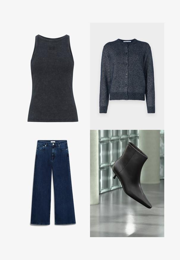 Donkerblauwe cardigan met een ronde hals, lange mouwen, knoopsluiting en een zachte, gestructureerde stof met een subtiele glans.; Donkergrijze geribbelde tanktop met een ronde hals en een aansluitend ontwerp. Kenmerkt een subtiele logo-detail op de borst. Zacht, gemeleerd stof.; Luxe-wijd denim jeans in donkerblauw met een licht vervaagde afwerking, vijf zakken, knoopsluiting en riemlussen.; Zwarte leren enkellaars met puntige neus en lage hak, afgebeeld tegen een glazen blokkenmuur en gepolijste vloer op de achtergrond.
