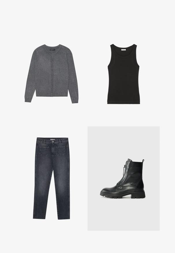 Cardigan gris en tricot léger avec un col rond, des manches longues et une fermeture à boutons sur le devant, avec de petits boutons en métal argenté.; Débardeur noir sans manches en coton doux, avec un col rond et une silhouette ajustée. Design simple sans motifs ni accents visibles.; Jeans en denim gris foncé avec une coupe droite. Comprend deux poches arrière, une fermeture à bouton et des passants de ceinture. Texture légèrement décolorée.; Bottine en cuir noir avec une semelle en caoutchouc épaisse, fermeture éclair sur le côté, texture lisse et bout légèrement arrondi. Design minimaliste sans motifs.