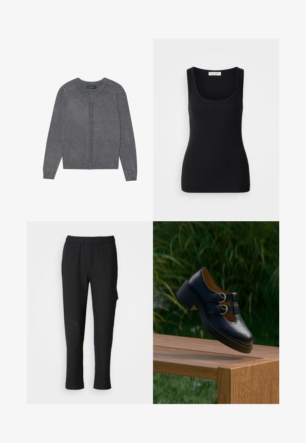Cardigan gris en tricot léger avec un col rond, des manches longues et une fermeture à boutons sur le devant, avec de petits boutons en métal argenté.; Débardeur noir côtelé avec un col rond, de larges bretelles et une coupe ajustée. Étiquette à l'arrière indiquant "Marc O'Polo".; Pantalons noirs à rayures fines avec une taille élastique et une coupe droite. Présente une poche latérale avec rabat, fabriqués à partir d'un tissu lisse.; Chaussure noire en cuir à double boucle avec des détails perforés flottant au-dessus d'un banc en bois à l'extérieur avec de l'herbe verte et des plantes en arrière-plan.