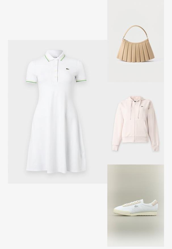 Sweat à capuche beige clair zippé avec poches avant, cordon de serrage et petit logo crocodile vert Lacoste sur la poitrine.; Robe polo blanche à manches courtes avec col et poignets rayés verts, patte de boutonnage et petit logo crocodile vert sur la poitrine.; Baskets en cuir blanc avec un accent en suède beige. Caractéristiques d'un bout arrondi, de lacets plats et d'une semelle texturée. Logo Lacoste sur le côté.; Sac à main plissé beige avec fermeture éclair incurvée en haut et poignée arquée simple, présenté sur un fond blanc.