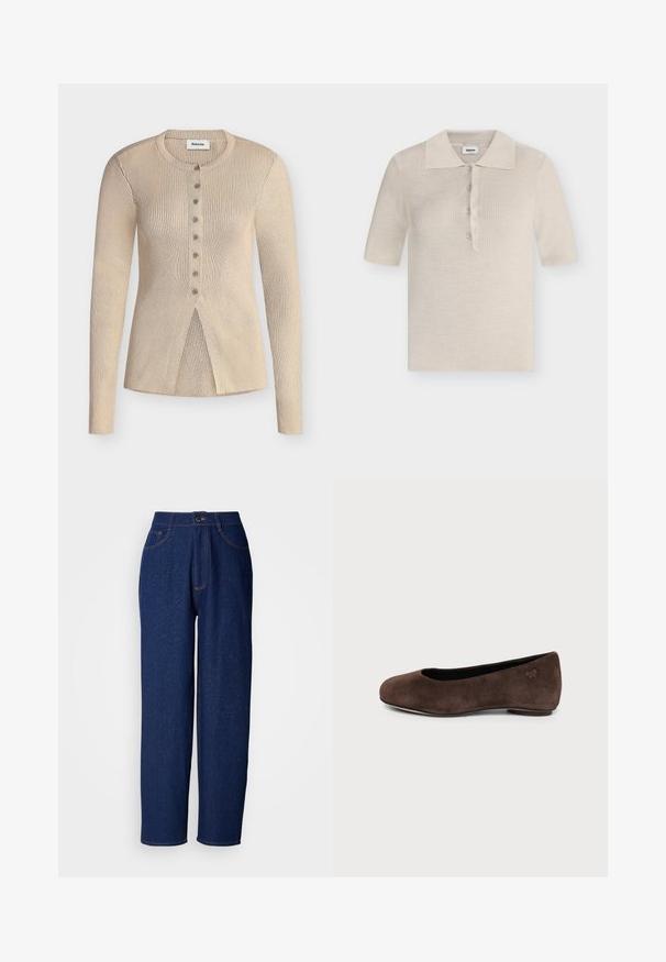 Beige ribstrikket cardigan med lange ærmer, rund halsudskæring, knaplukning foran og en overlappende kantdetalje foran.; Modström HIROKIMD - Poloshirts - summer sand; Mørkeblå denim bukser med vide ben og høj talje, prydet med orange syninger, forlommer og knaplukning. Glat tekstur med diskrete prikker.; Brun ruskind flad sko med rundet tå og lav hæl, vist i sideprofil på ensartet lys baggrund.
